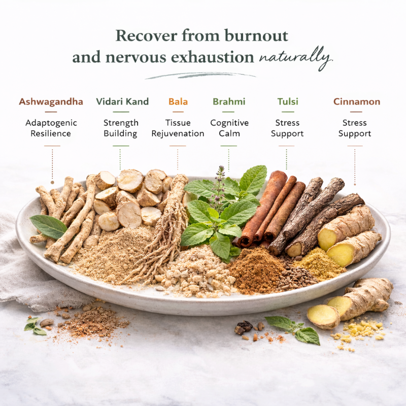 Herbal remedies for burnout and nervous exhaustion on a white plate with text labels.