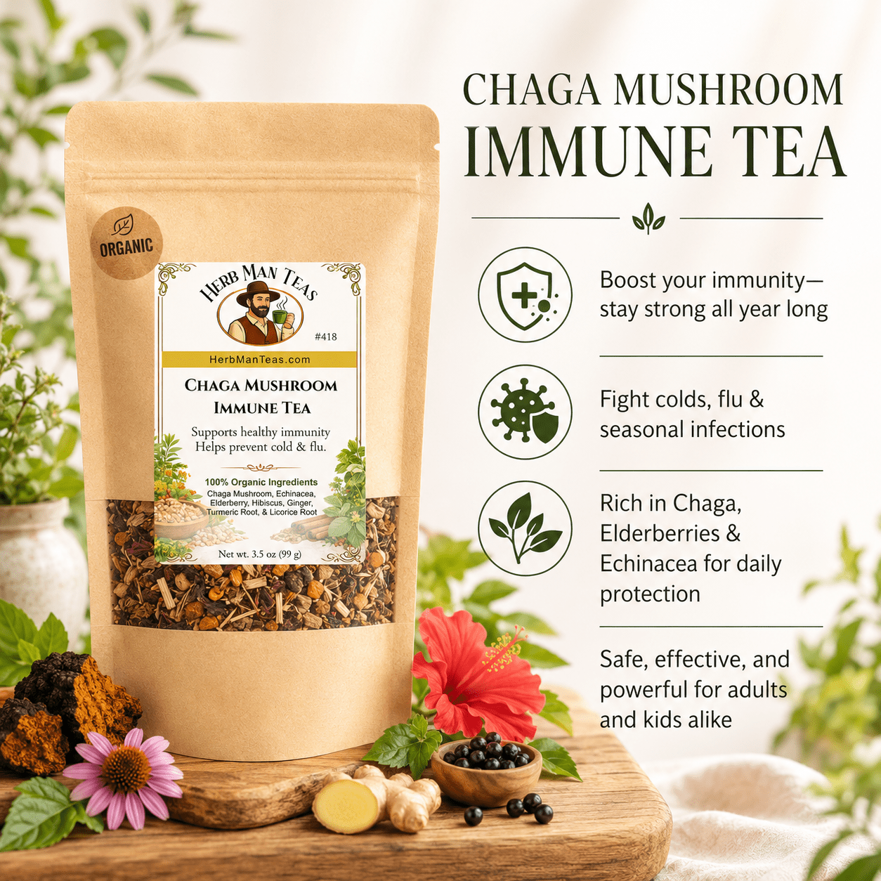 CHAGA MUSHROOM IMMUNE TEA - Herb Man Teas
