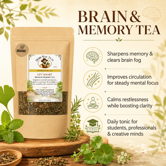 A stand-up pouch of Get Smart Brain & Memory Tea is shown on a styled beige background with botanical illustrations and text listing benefits such as sharpening memory, improving circulation, calming restlessness, and supporting students and professionals. The pouch has a kraft-paper look with a clear window showing loose tea leaves and a white front label. GET SMART BRAIN TEA - Herb Man Teas