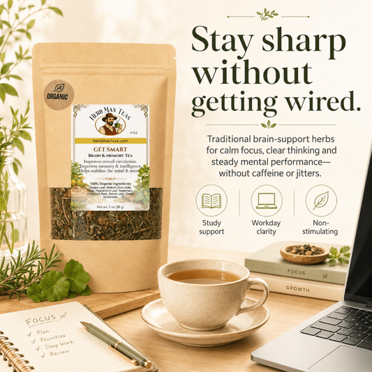 A stand-up pouch of Man Teas Get Smart Brain & Mind Tea is shown on a desk beside a cup of tea, an open laptop, books, and a notebook. The packaging has a kraft paper look with a clear window showing loose tea leaves inside. GET SMART BRAIN TEA - Herb Man Teas