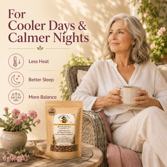 A woman in a white outfit relaxes in a wicker armchair holding a mug, with a stand-up pouch of Off-Flavour Tea placed on a table in the foreground. The scene includes promotional text reading 'For Cooler Days & Calmer Nights' and icons for less heat, better sleep, and more balance.
